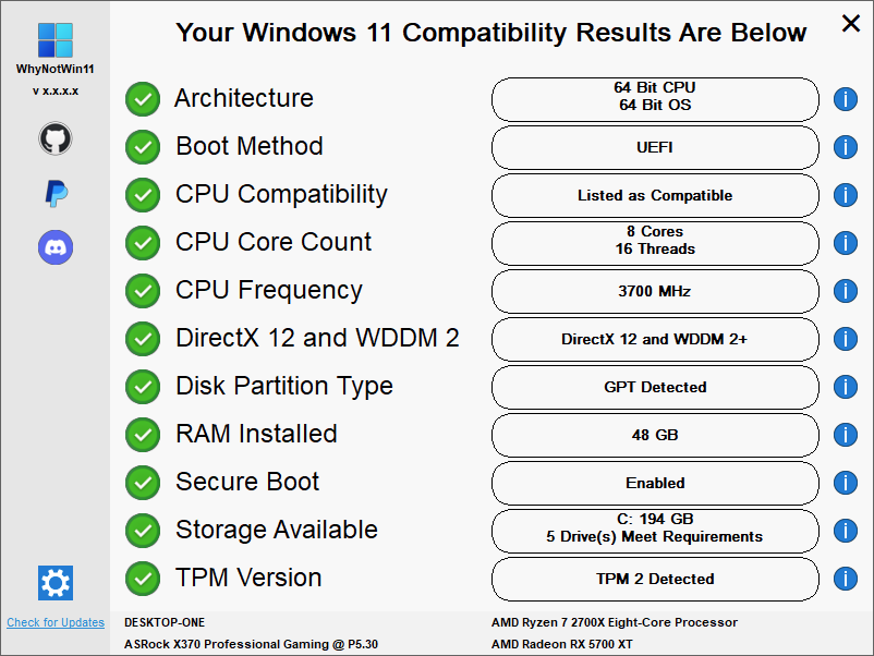 Official WhyNotWin11 compatibility results screen showing Windows 11 hardware checks